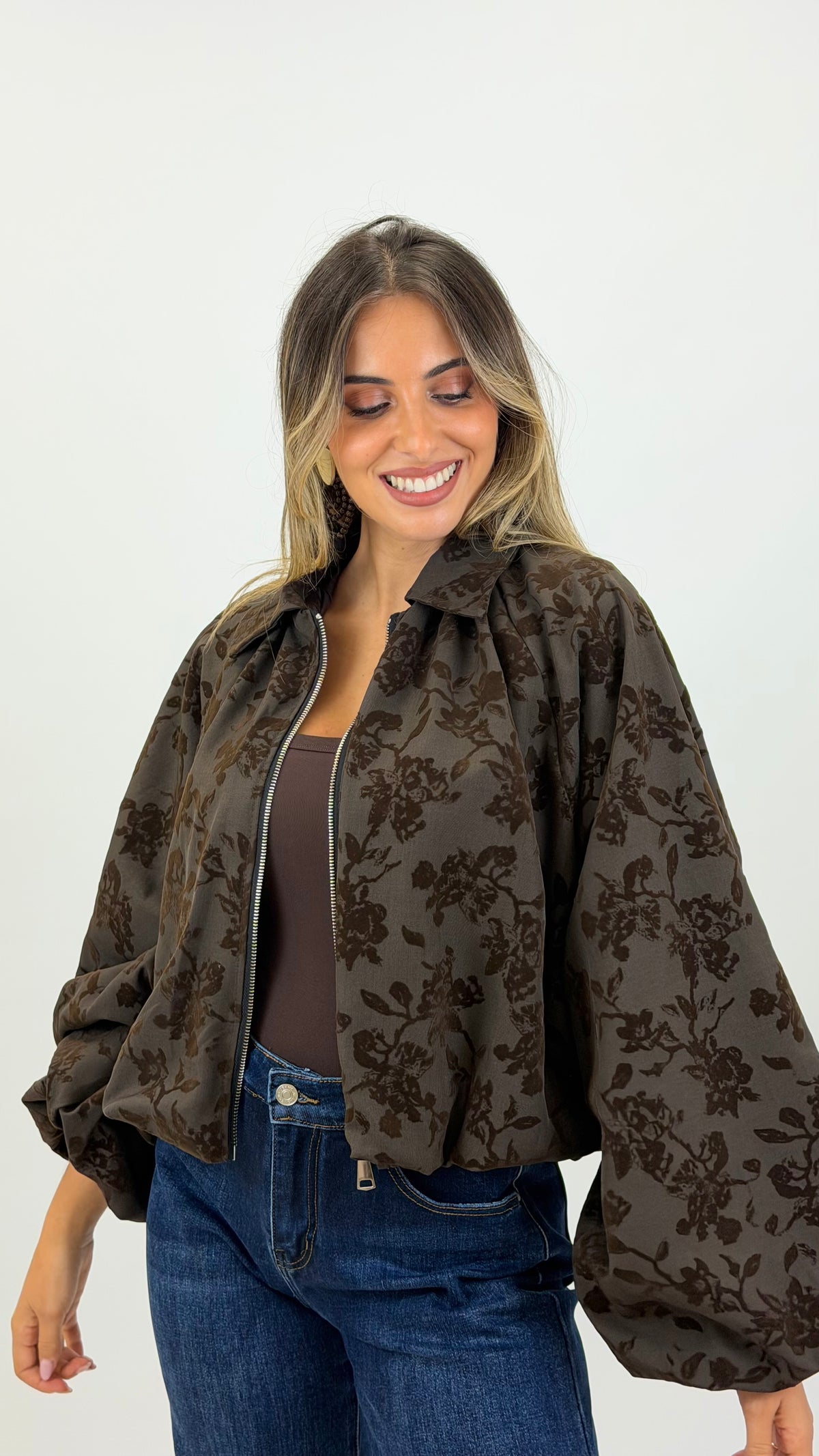Bomber meia-estação brocado floral castanho
