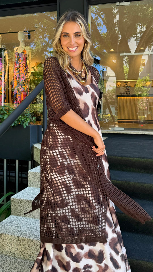 Kimono malha perfurada castanho