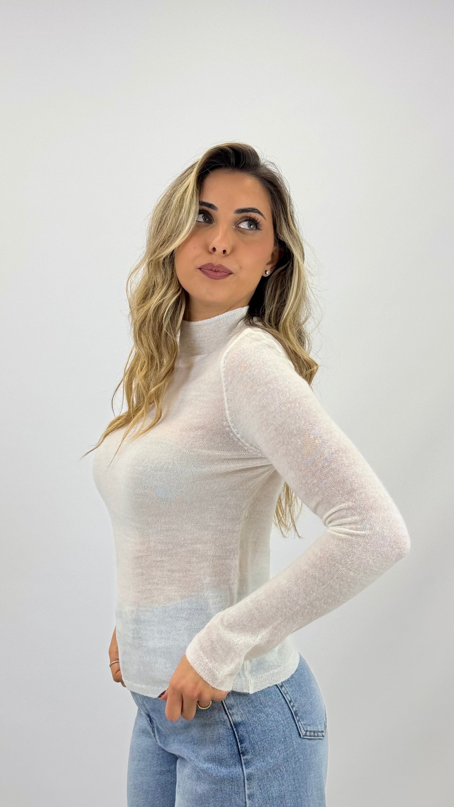 Camisola malha básica lã merino pérola