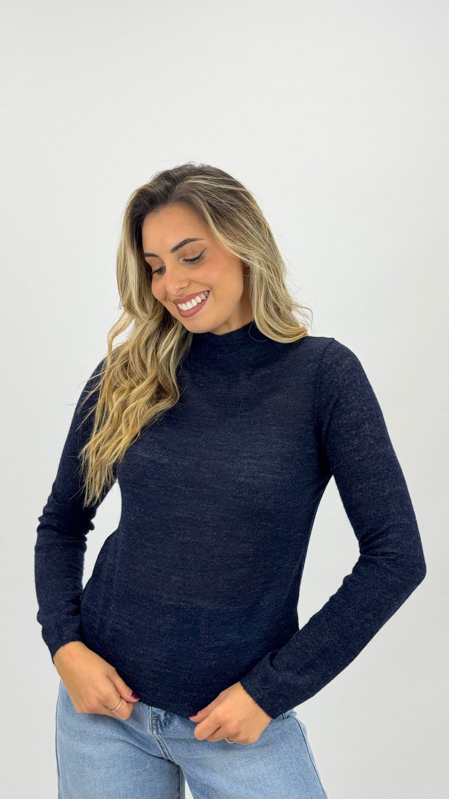 Camisola malha básica lã merino azul-marinho