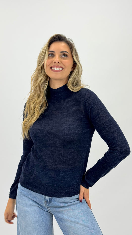 Camisola malha básica lã merino azul-marinho