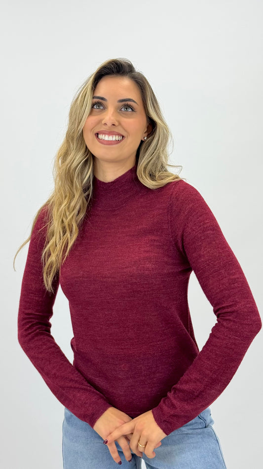 Camisola malha básica lã merino bordeaux