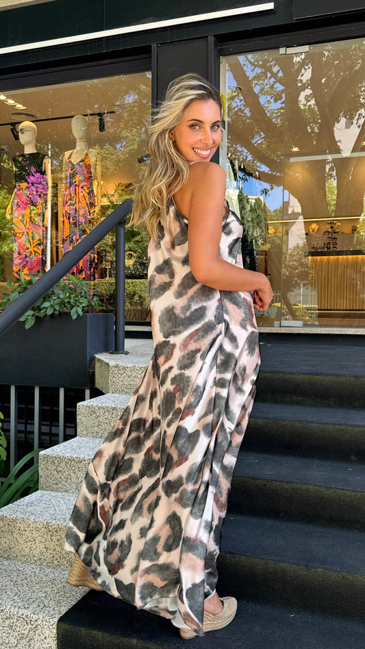 Vestido acetinado animal-print tons verde