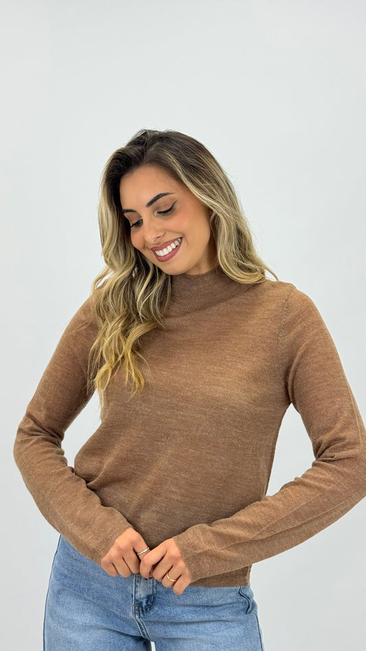 Camisola malha básica lã merino camel