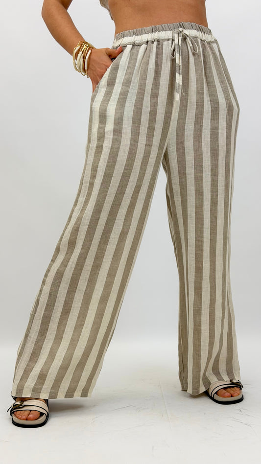 Calça linho risca bege e taupe