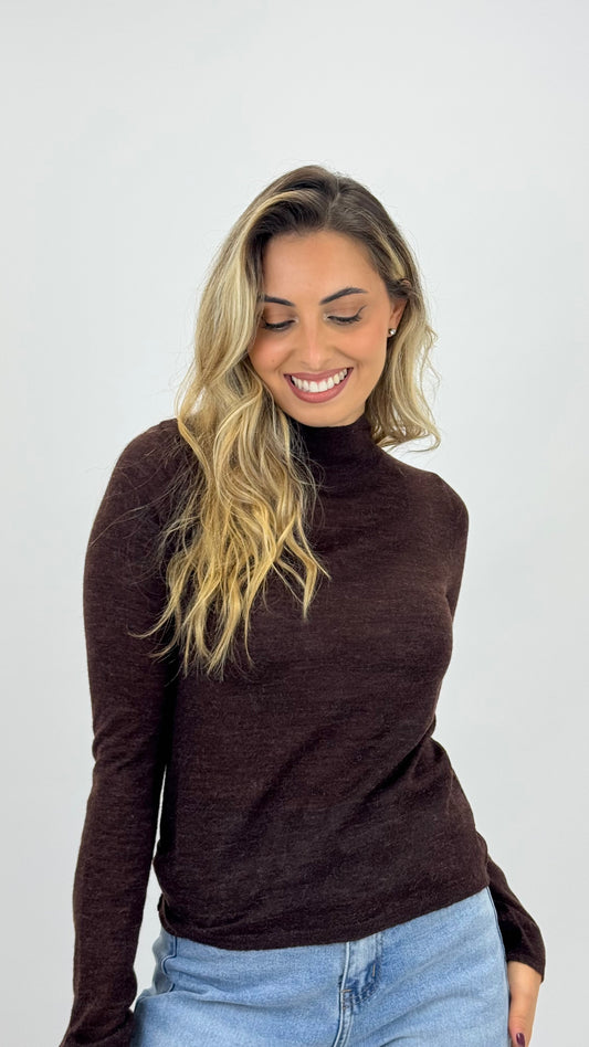 Camisola malha básica lã merino castanho