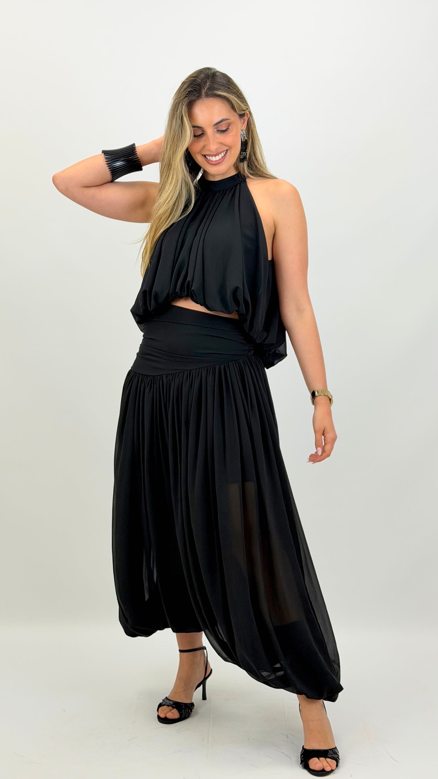 Conjunto top e calça abalonada preto