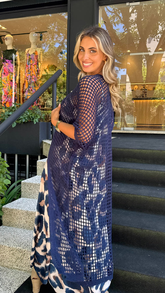 Kimono malha perfurada azul-marinho