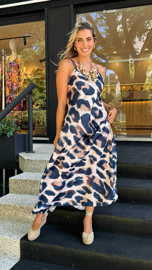 Vestido acetinado animal-print tons azul