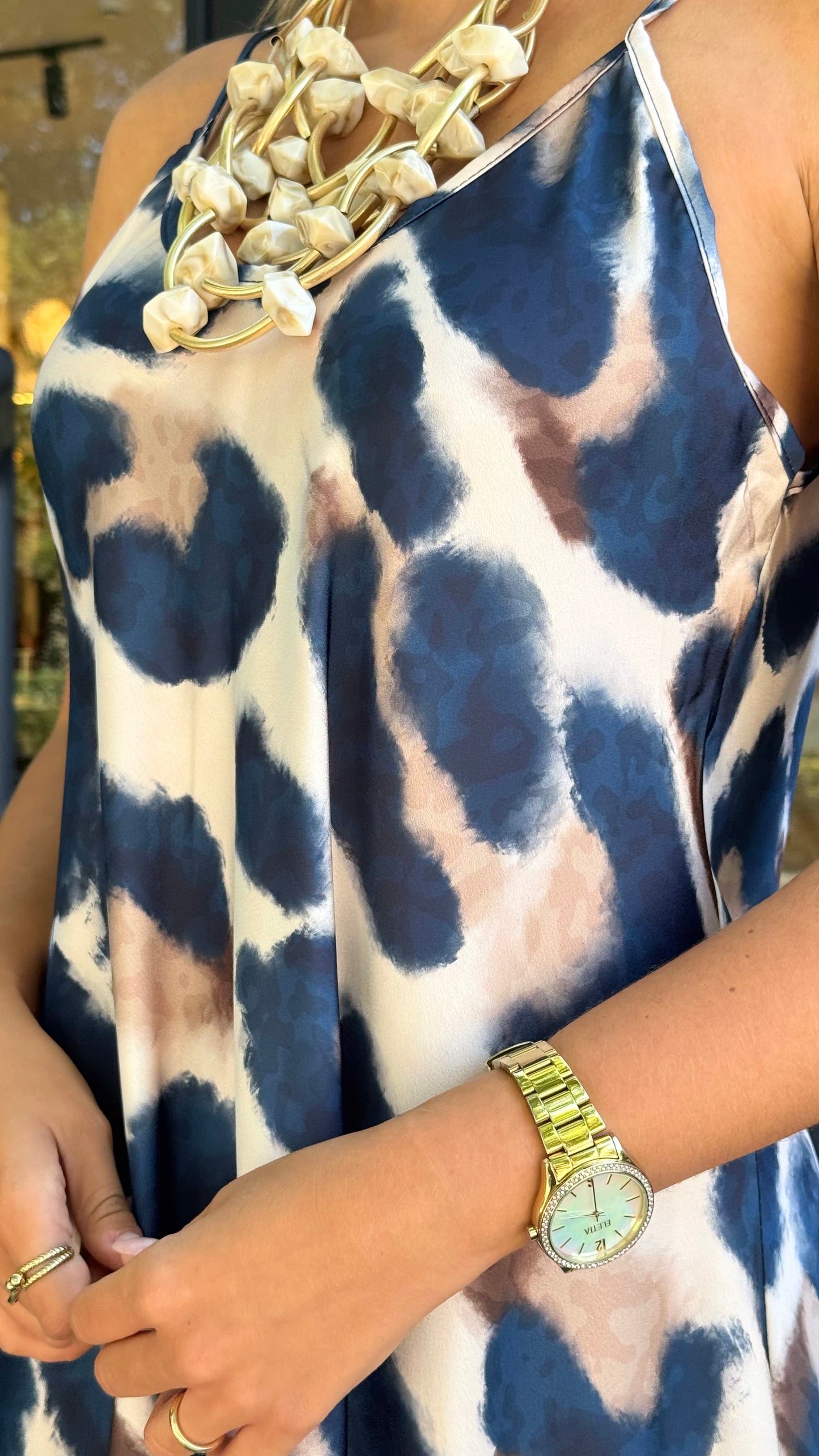 Vestido acetinado animal-print tons azul