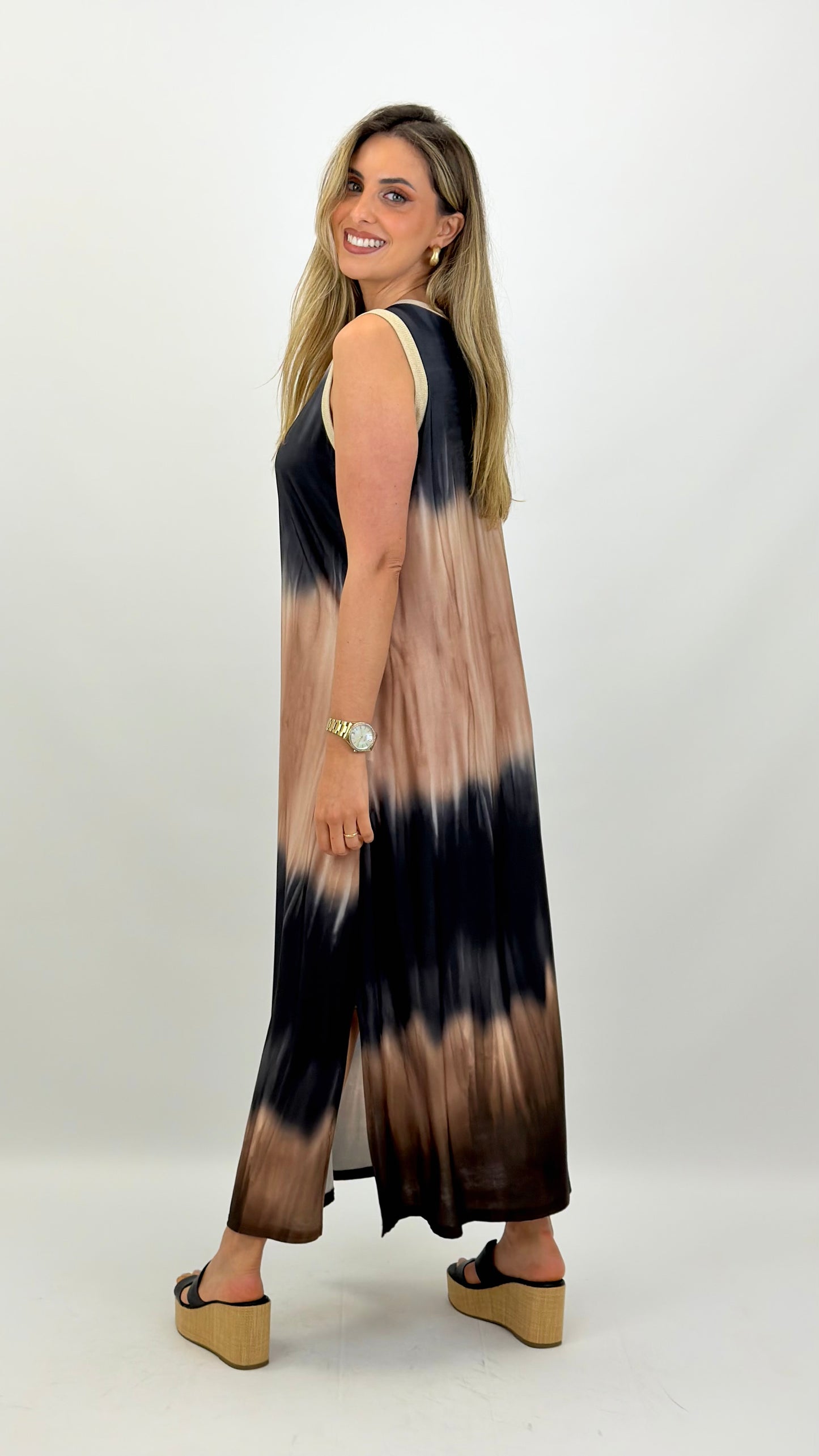 Vestido malha fria degradé preto e camel
