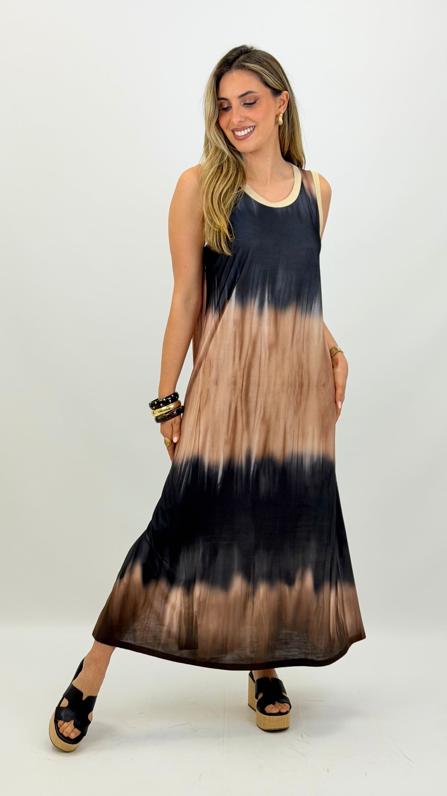 Vestido malha fria degradé preto e camel