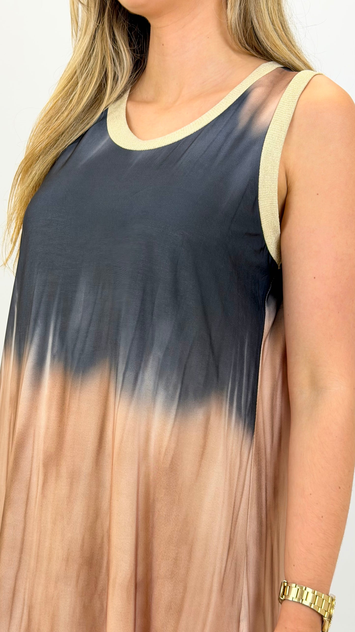Vestido malha fria degradé preto e camel
