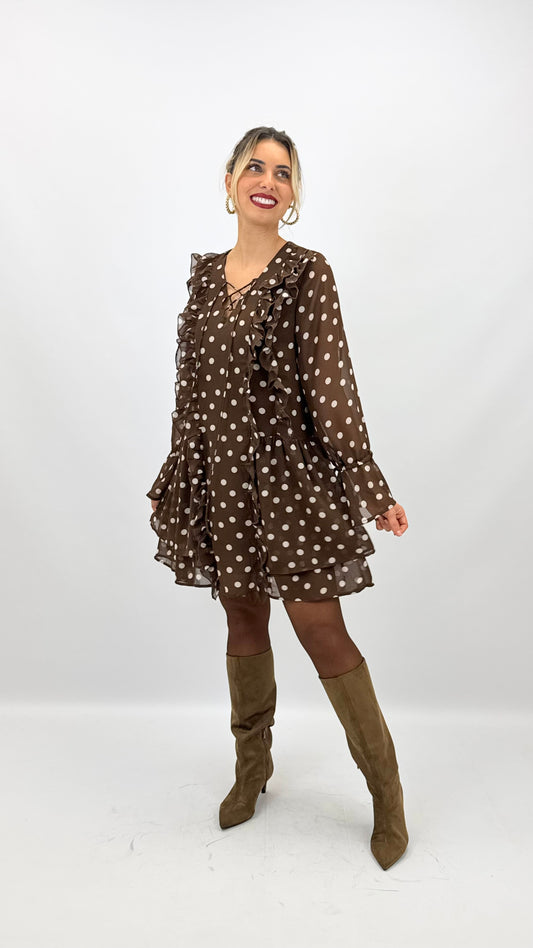 Vestido curto camel com bolinhas creme