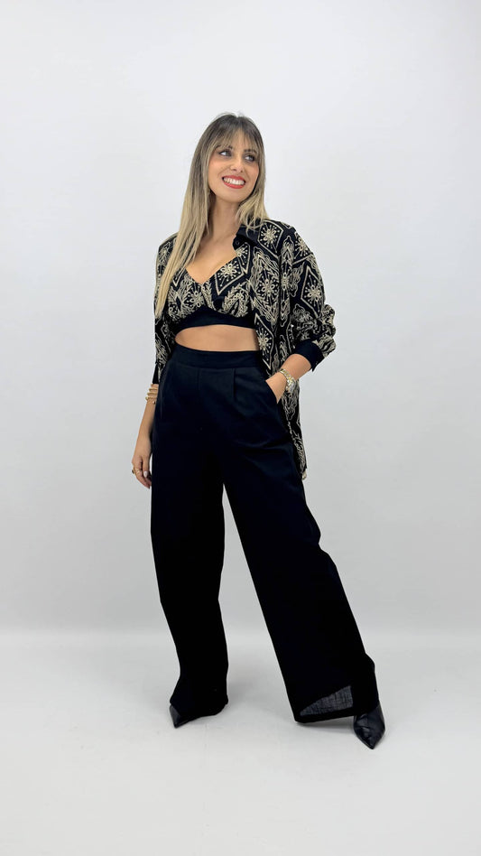 Conjunto 3 peças preto com bordados bege