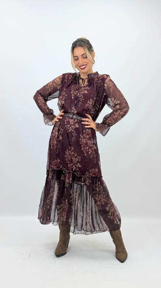 Vestido midi floral romântico fundo bordeaux