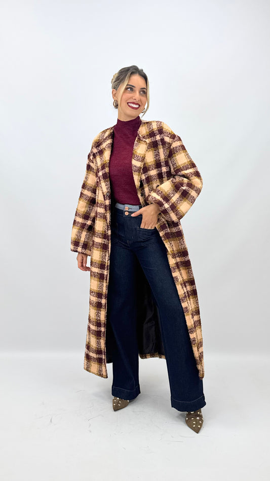 Casaco xadrez tons bege e bordeaux