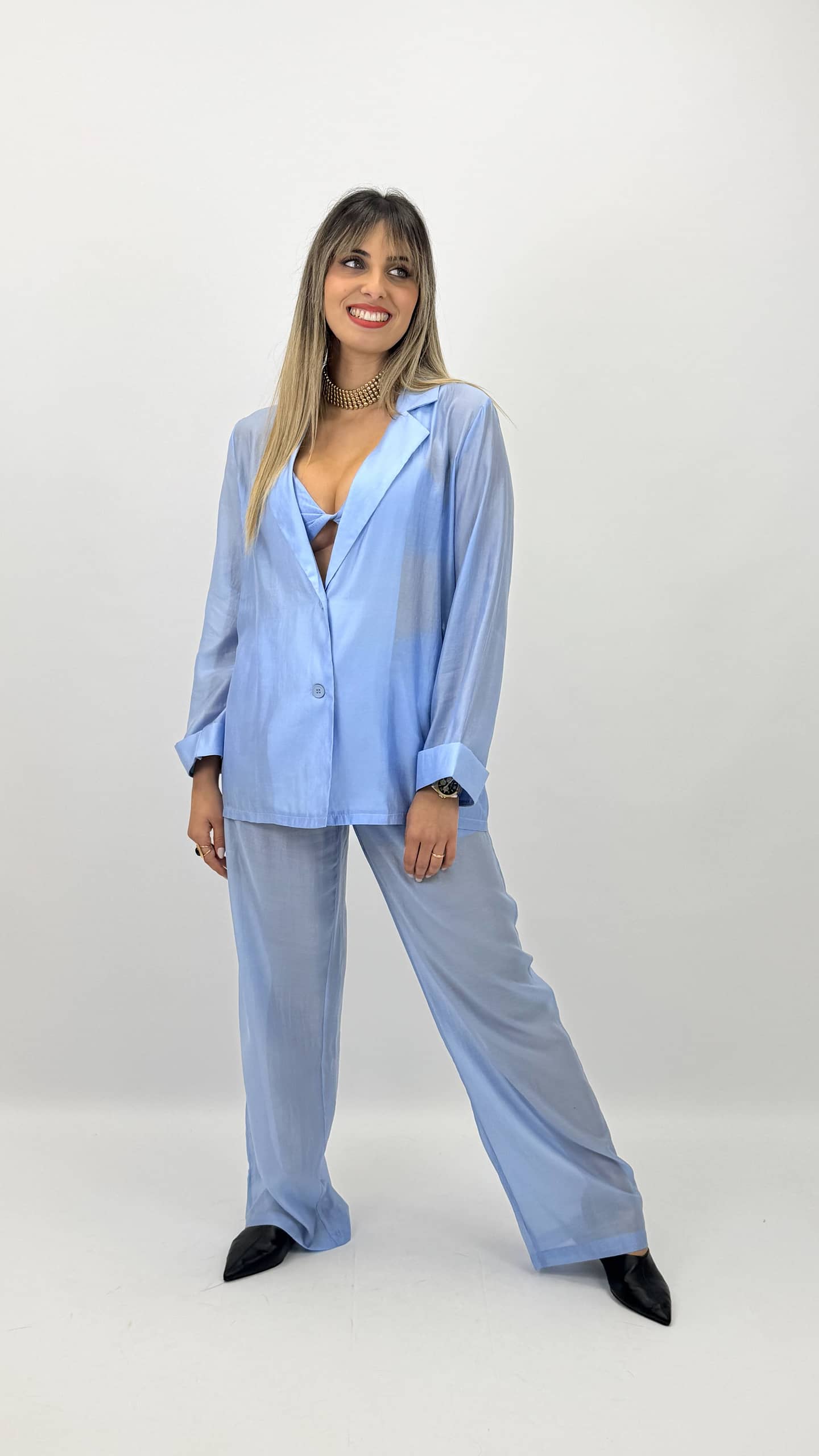 Conjunto 3 peças azul-bebé acetinado
