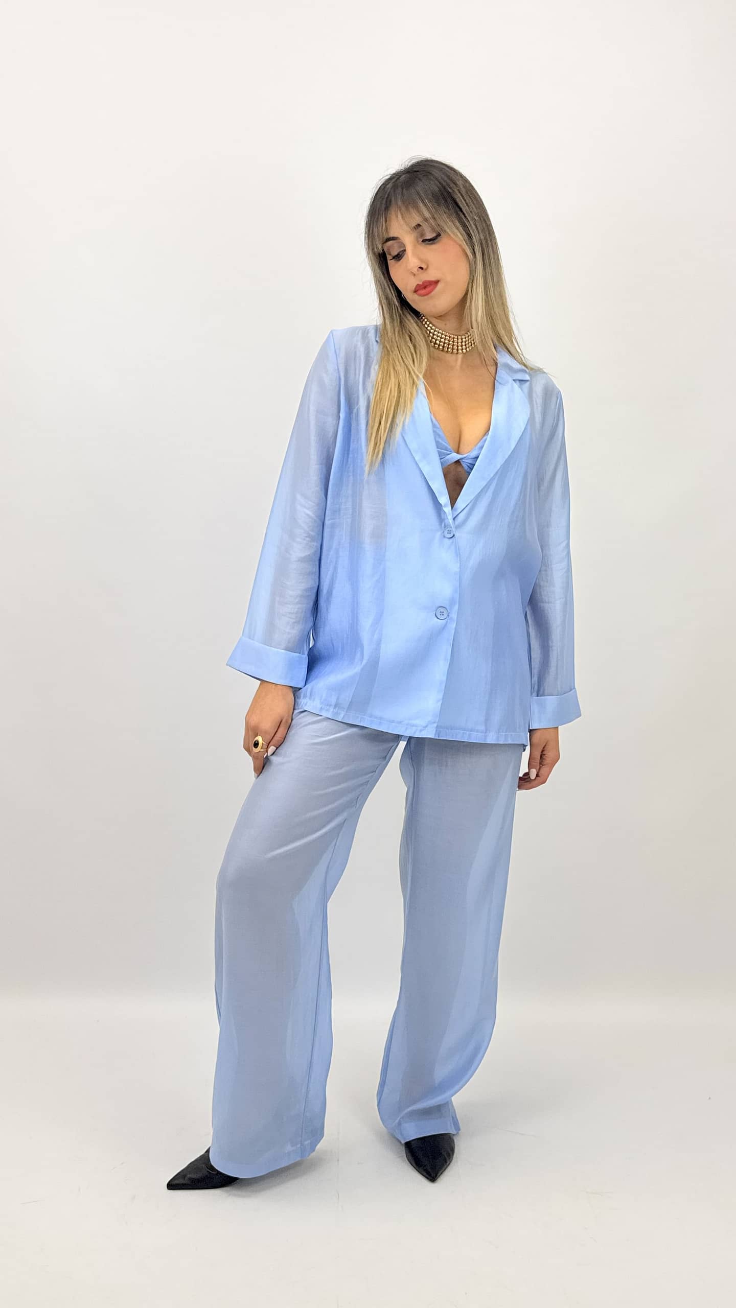 Conjunto 3 peças azul-bebé acetinado