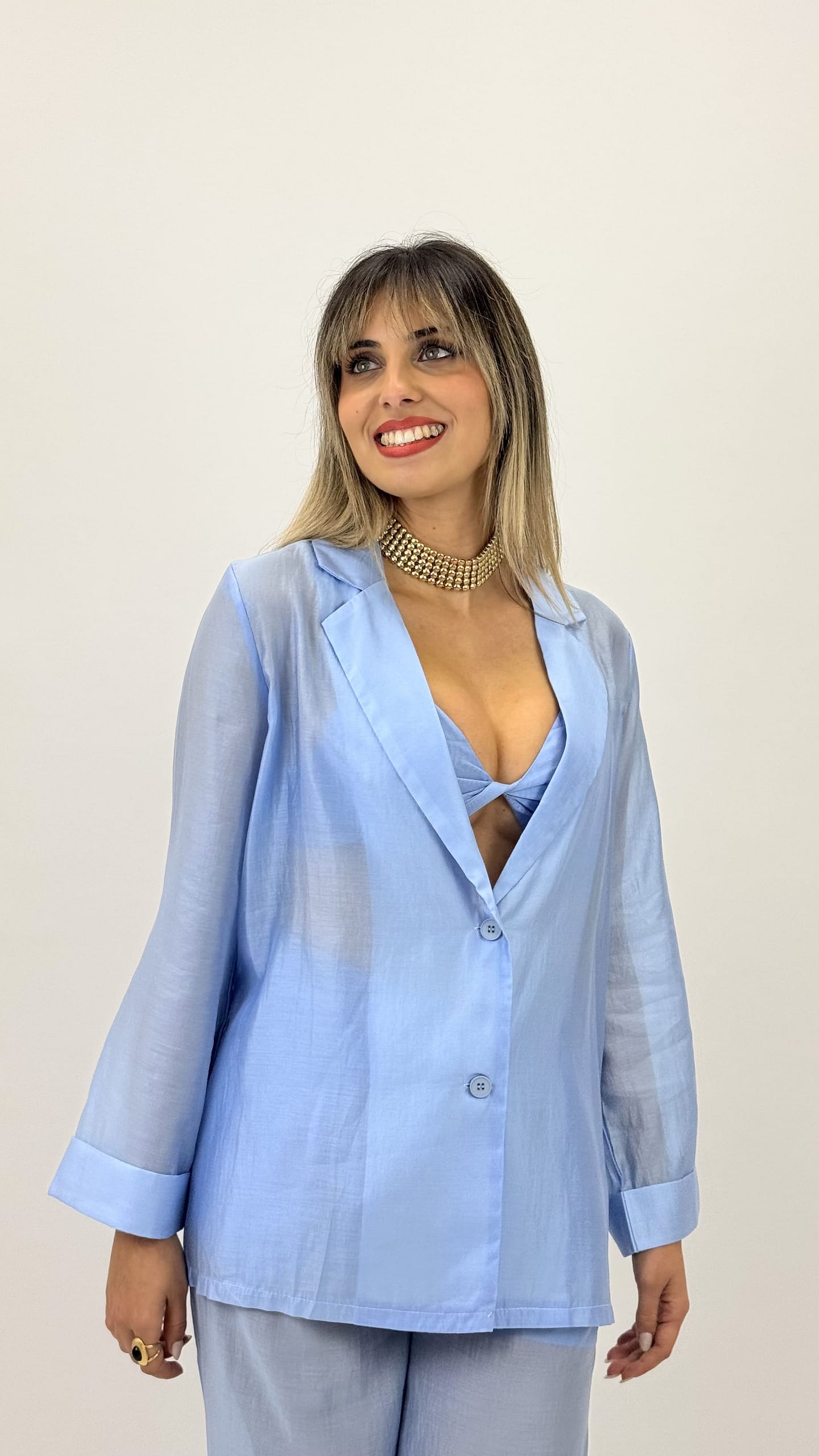 Conjunto 3 peças azul-bebé acetinado