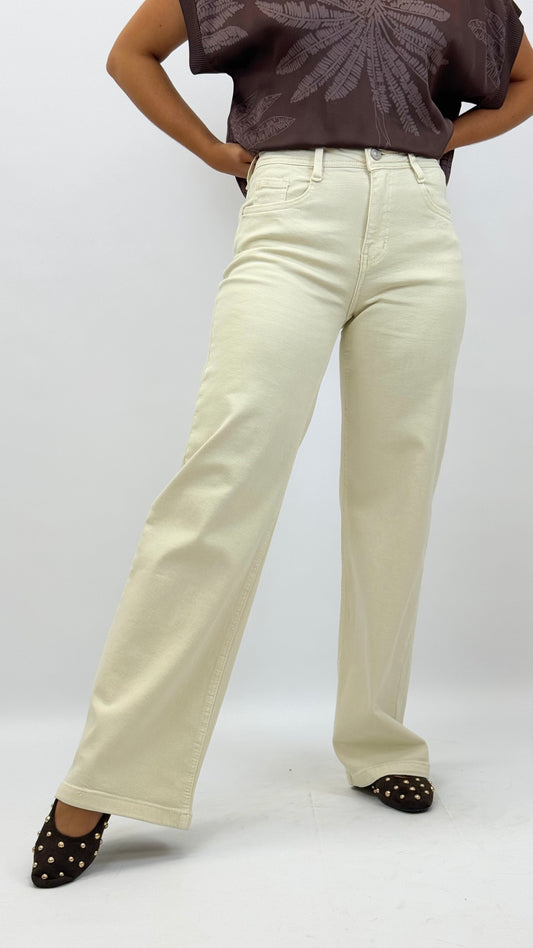 Calça de sarja elástica wide-leg creme