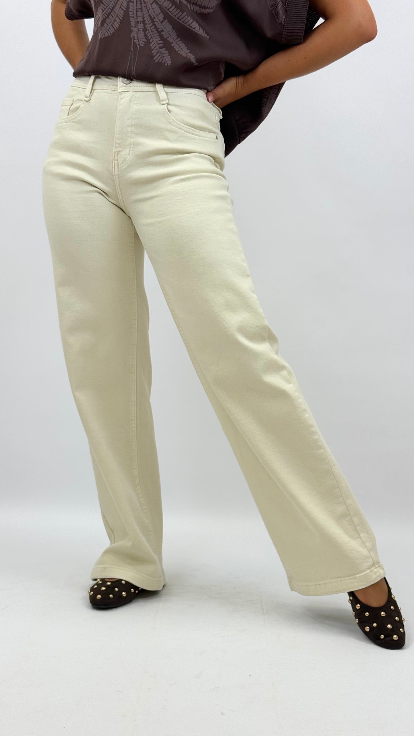 Calça de sarja elástica wide-leg creme