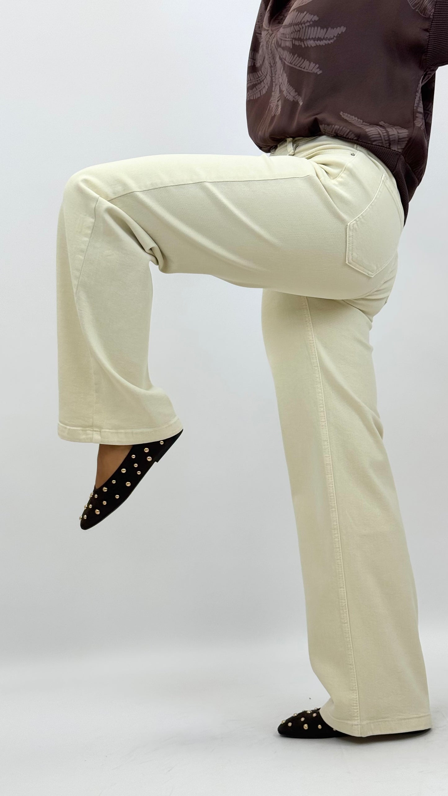 Calça de sarja elástica wide-leg creme