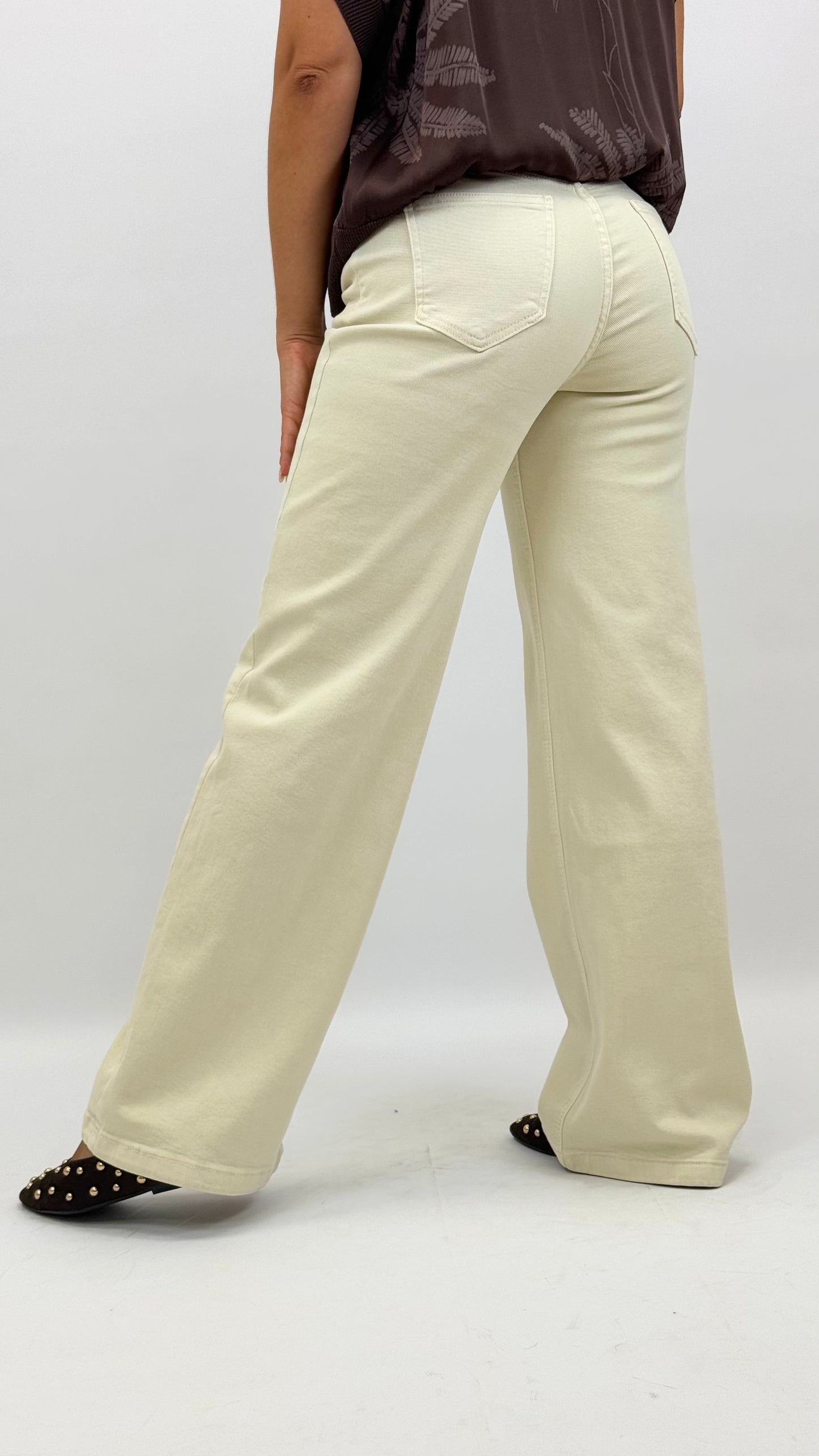 Calça de sarja elástica wide-leg creme