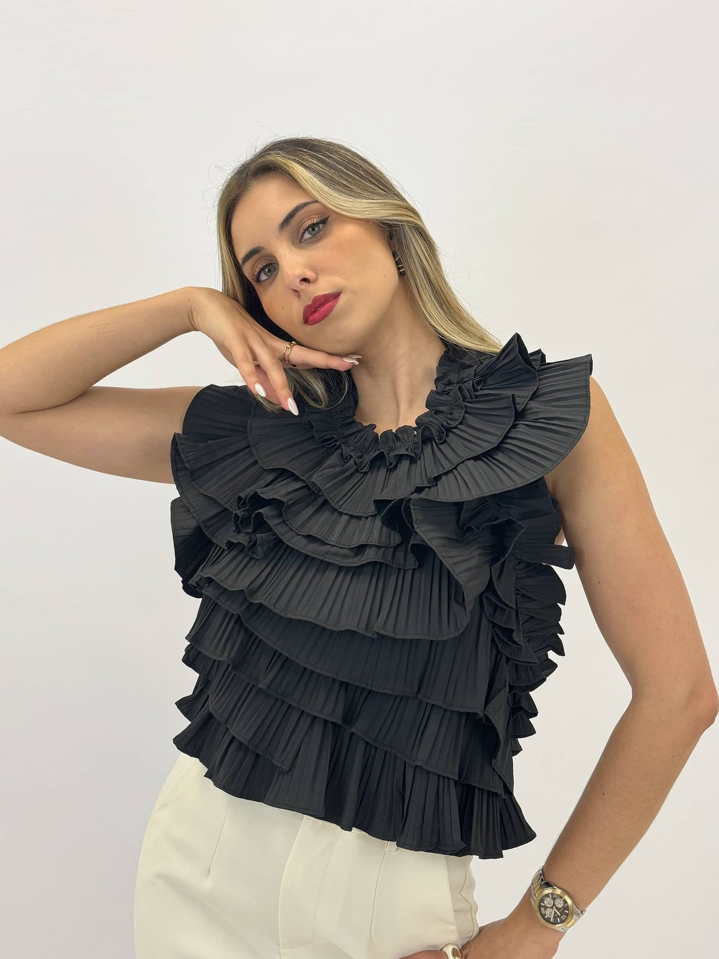 Top folhos plissado preto