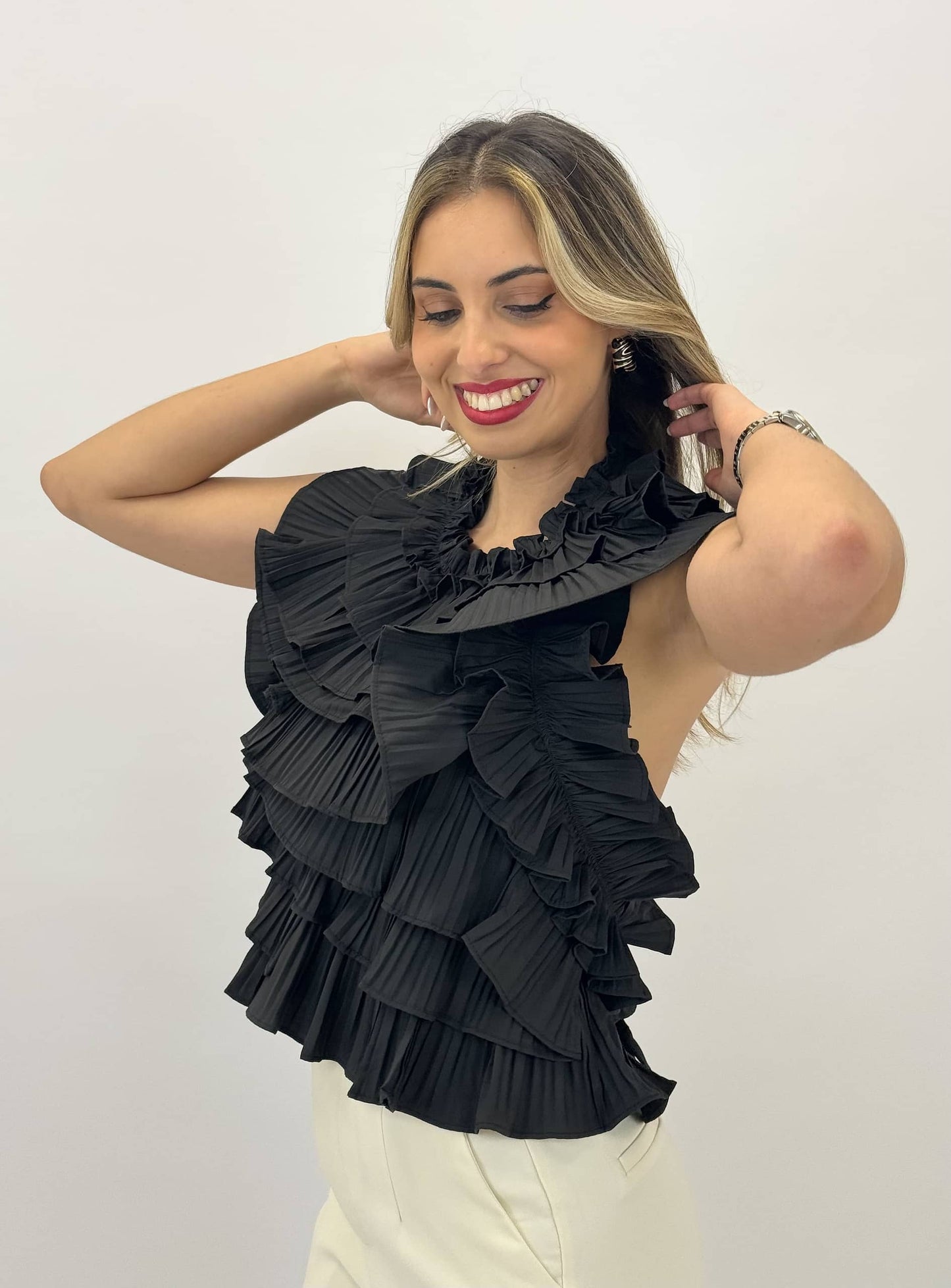 Top folhos plissado preto