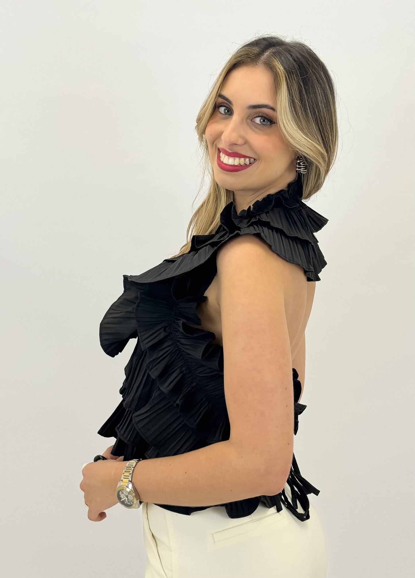 Top folhos plissado preto