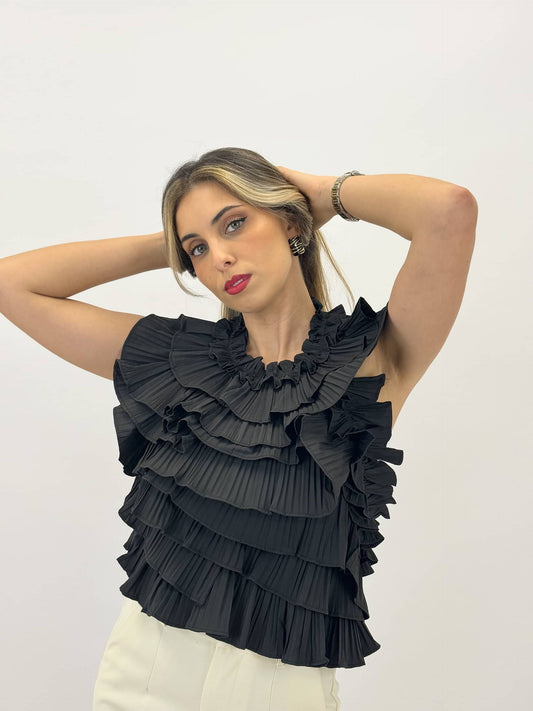 Top folhos plissado preto