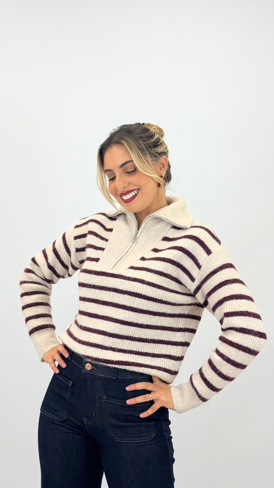 Camisola/polo malha fofa bege com risca bordeaux