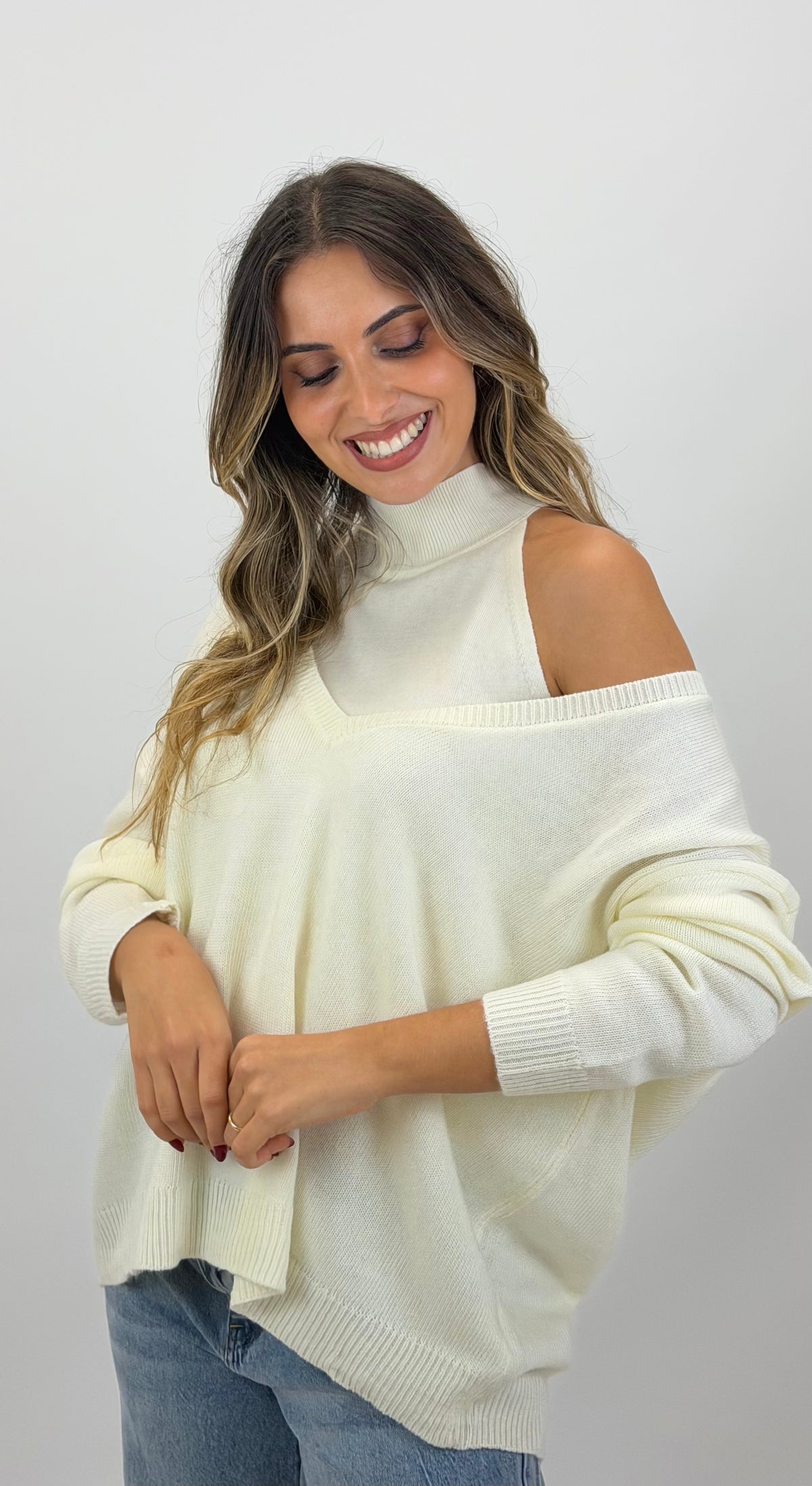 Camisola malha larga pérola com top interior