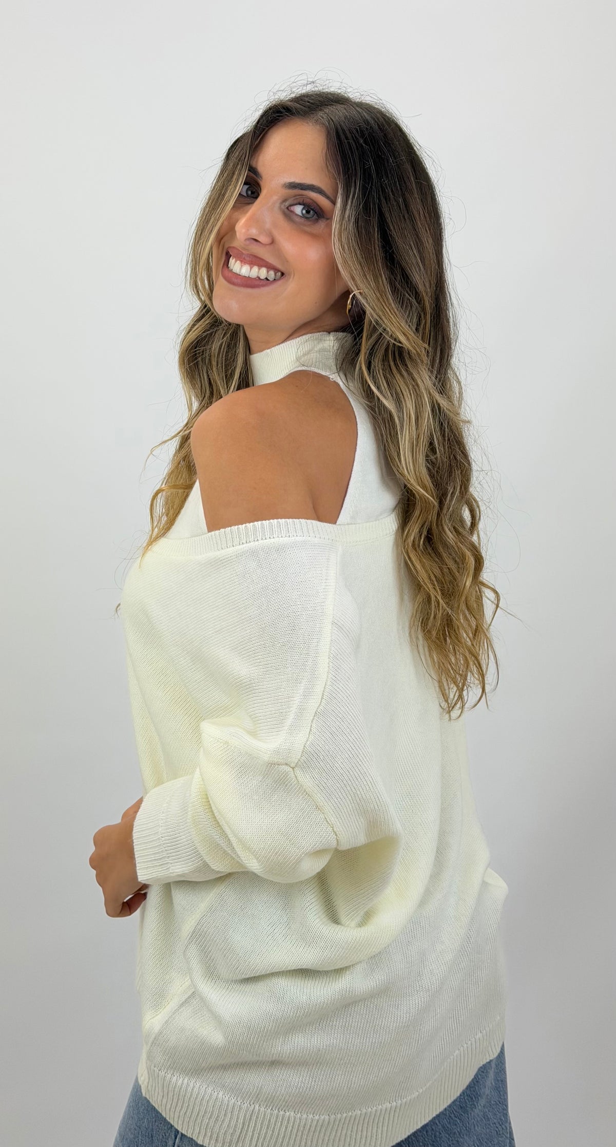 Camisola malha larga pérola com top interior