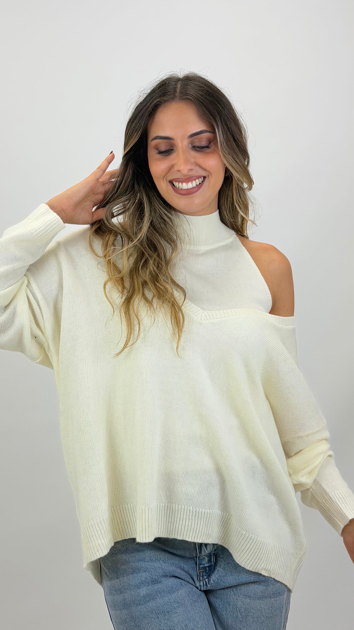 Camisola malha larga pérola com top interior