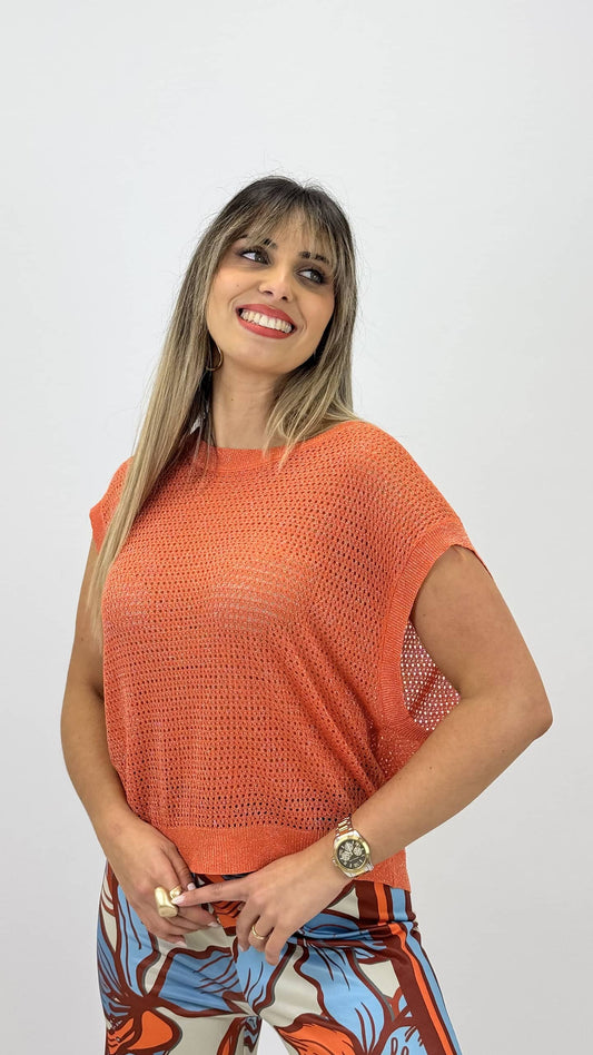 Blusa malha cavada perfurada laranja