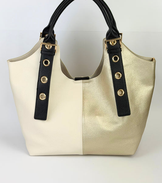Carteira/saco eco-pele dourado e bege