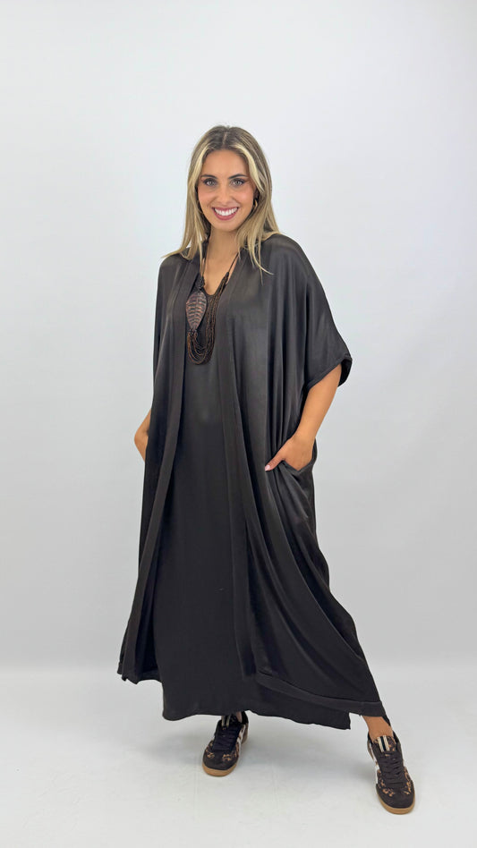 Kimono comprido acetinado castanho