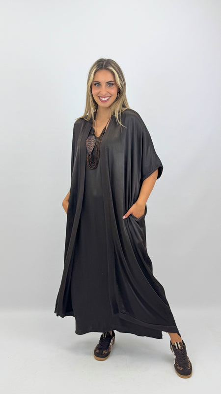 Kimono comprido acetinado castanho