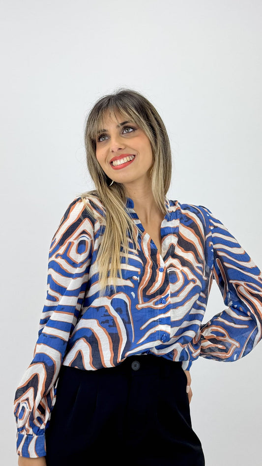 Blusa zebra tons azulão, preto e laranja