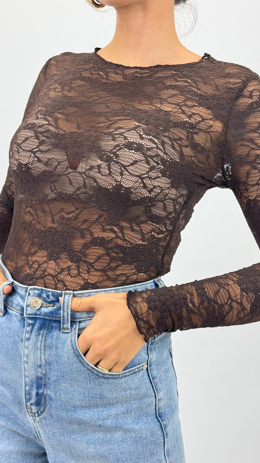 Camisola básica renda castanho