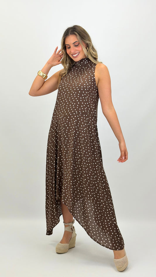Vestido halter-neck assimétrico castanho pinta pérola