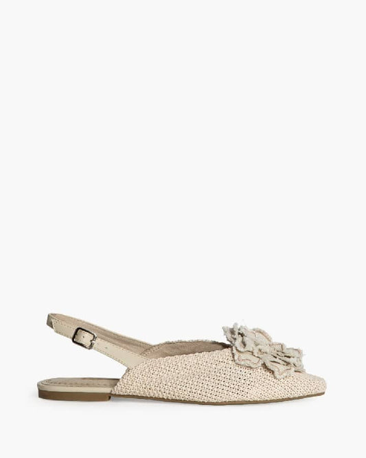 Sapato raso tecido elástico com flor creme