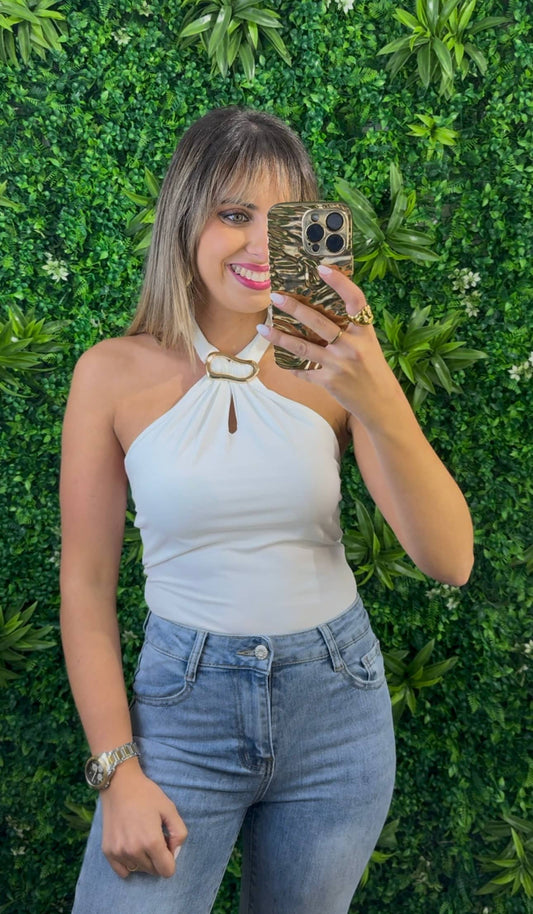 Body licra com aplicacão dourada branco