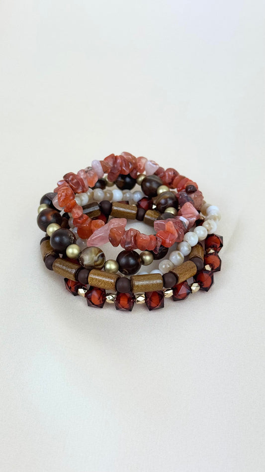 Conjunto pulseiras elásticas tons telha e castanho