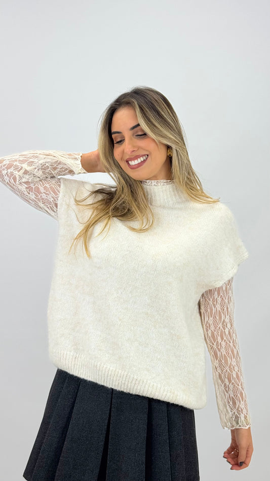 Camisola/colete com manga renda pérola