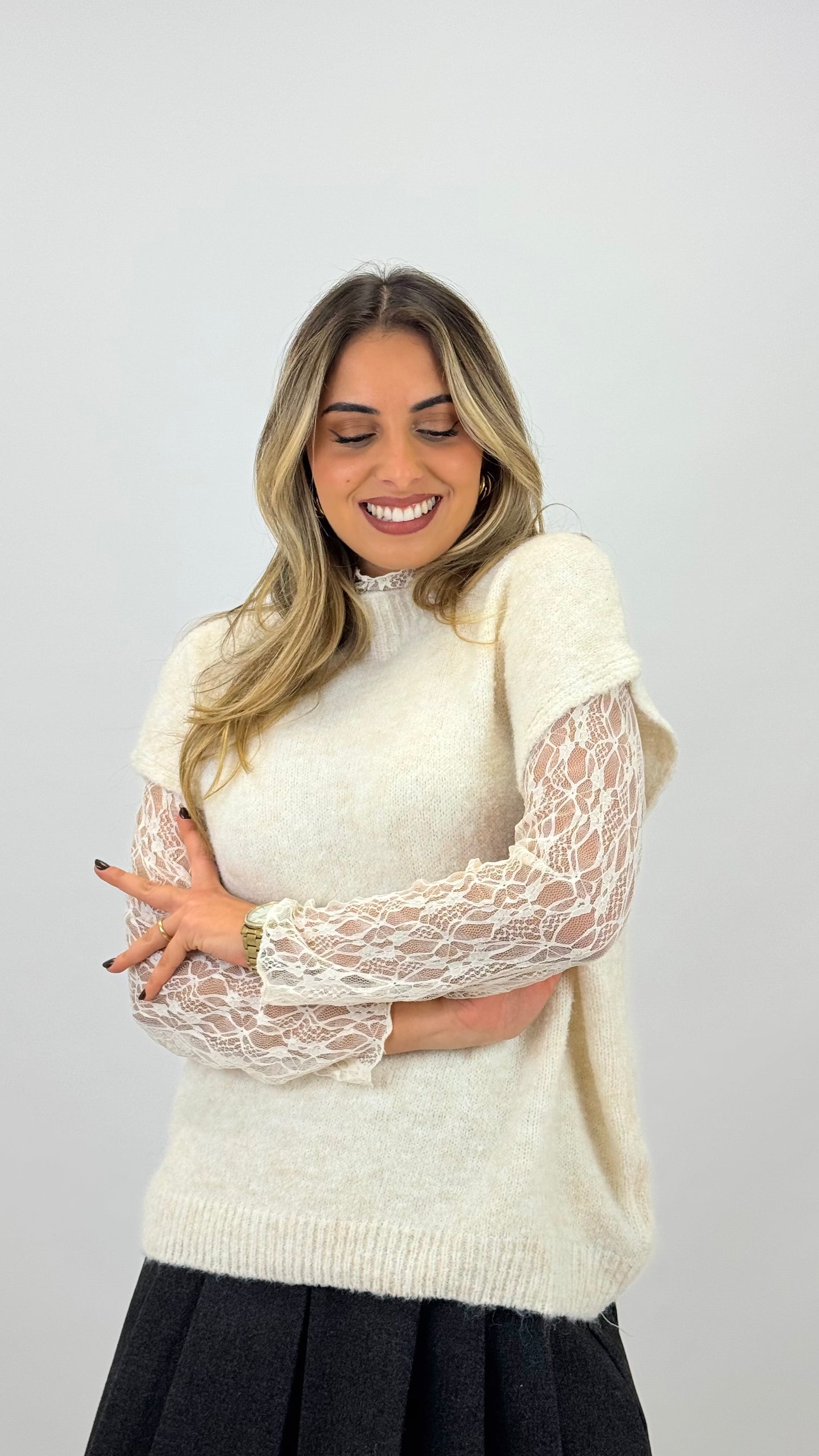 Camisola/colete com manga renda pérola