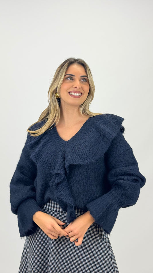 Camisola malha azul-marinho com folho