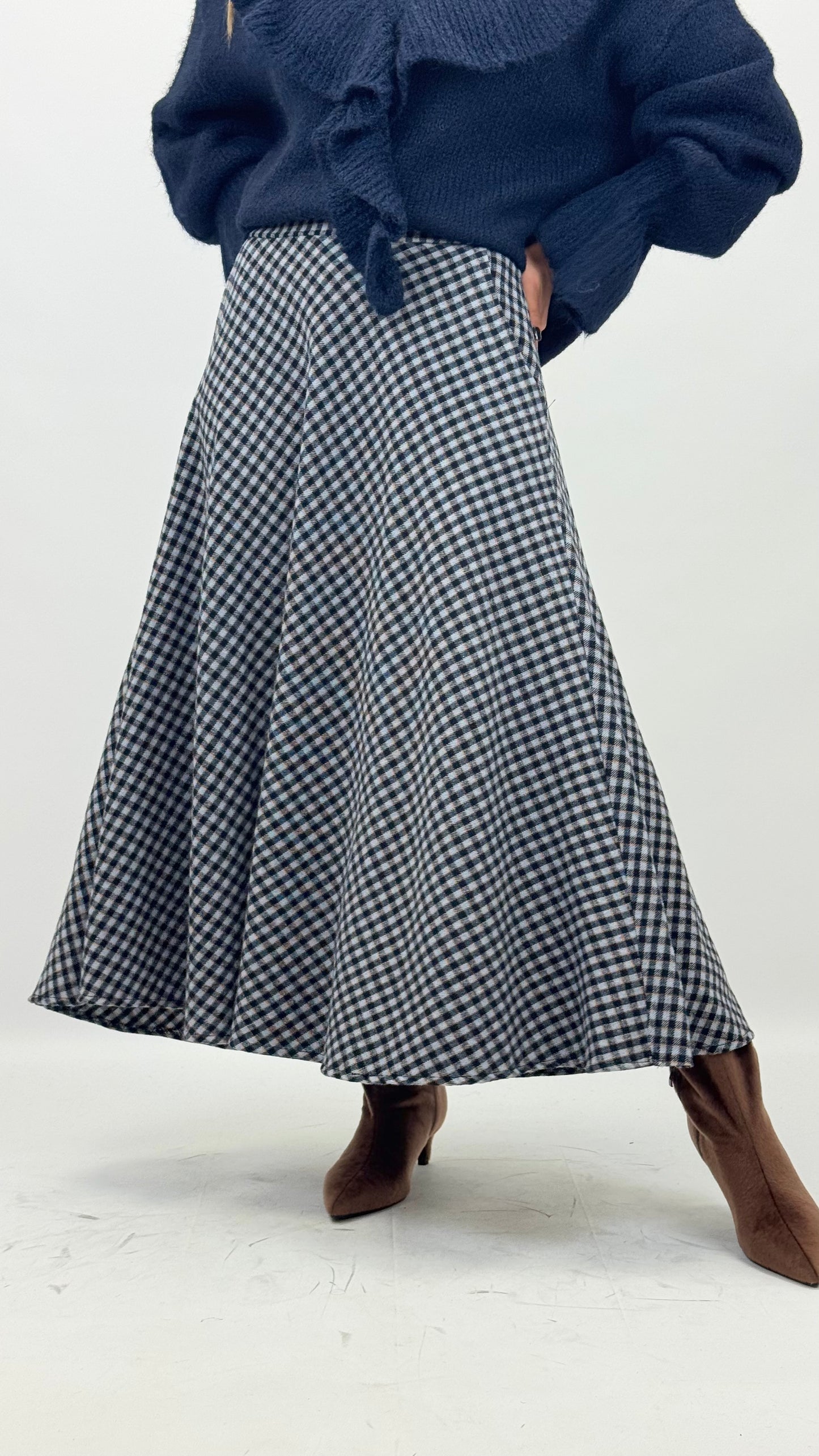 Saia fazenda vichy tons azul-marinho e azul-bebé